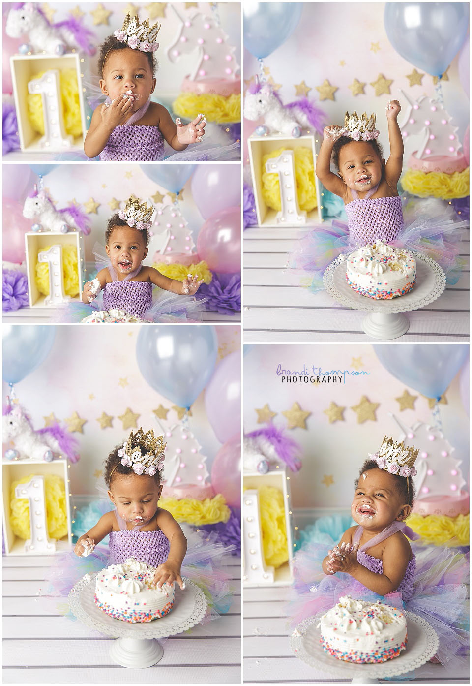 pastel unicorn cake smash with baby girl in plano photography studio